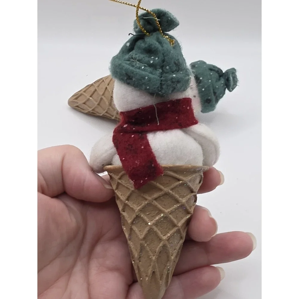Vntg Plush Snowman In Hard Ice Cream Cone Christmas Tree Ornaments